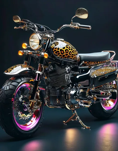 electric motorcycle in leopard print retro colors，high-quality artworks created by master artists， best quality, details，black m...