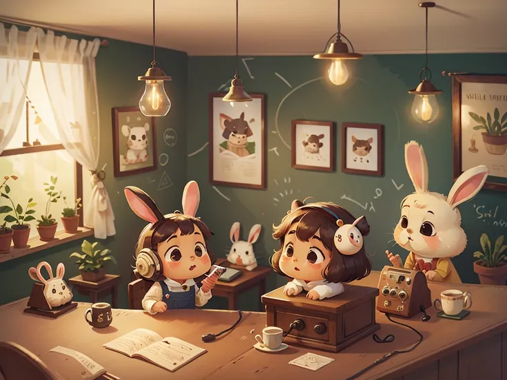 cute countertop，indoor scene，old-fashioned telephone，facial details，cute，little rabbit