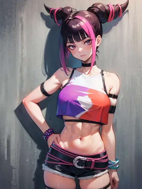 Juri Han,Masterpiece, Best Quality, 1girl, report, crop-top, jean shorts, Choker, (graffiti:1.aint splatter, (Hands Behind Your Back), Against a wall, looking a viewer, A bracelet, thigh strap, Paint on the body, tilt of head, bored, fiery hair color, Rain...