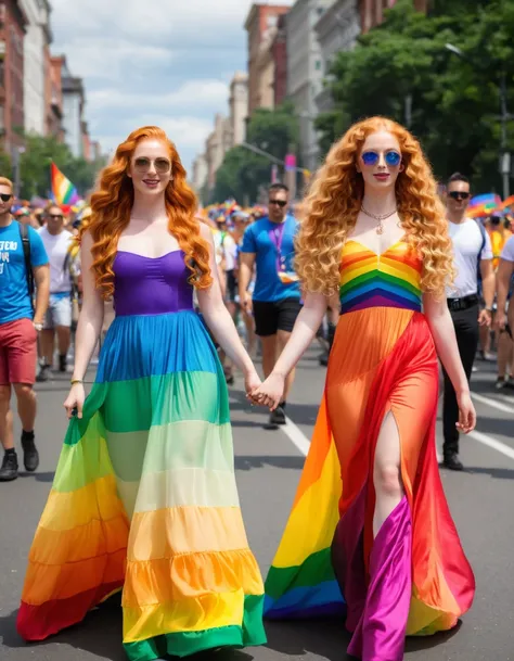 2 very attractive 25 year old girls, 1 long very curly ginger hair, 1 long very straight platinum blonde hair, wearing rainbow dresses, attending pride march, very realistic, photo quality