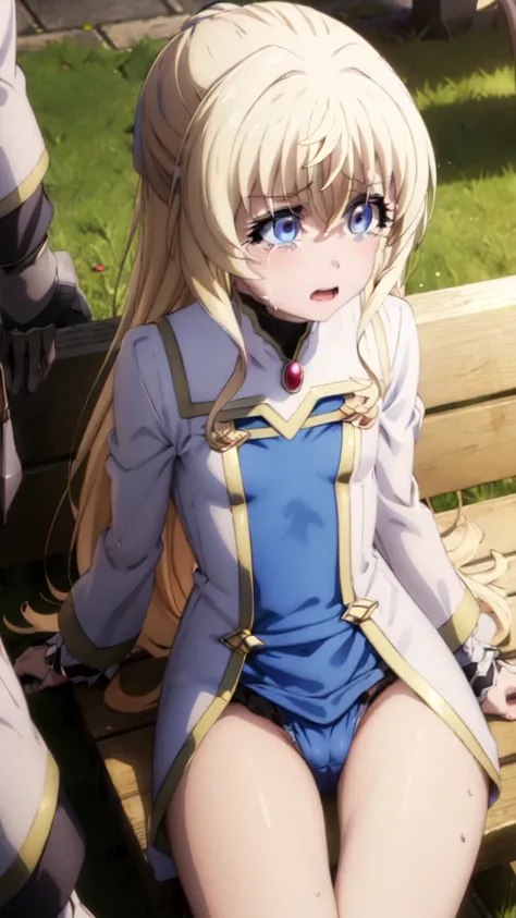 masterpiece,best quality,dutch angle,Ultra detailed,8K,realistic,ultra detailed,highly detailed,physics-based rendering,cinematic lighting,1girls,flat chest,naked,crying,pussy cum,, street,on Bench,onna sinkan,goblin slayer ,priest ,garden