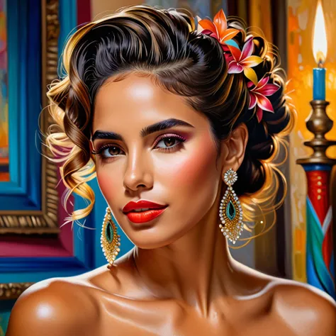 a beautiful cuban artist amelia pelaez, detailed portrait, realistic, photorealistic, hyper detailed, oil painting, vibrant colors, warm lighting, intricate brushstrokes, expressive facial features, elegant hairstyle, graceful pose, studio setting, masterp...