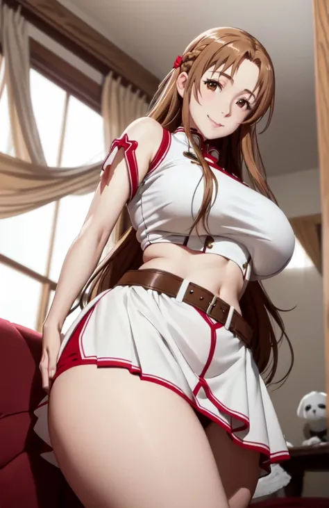 Woman 37 years old Cosplay as Yuki Asuna, KizukiAi, Brown hair, Brown eyes, huge breasts, long hair, Hair, big ass catbo, White gloves, white uniform, White boots, Red dress, Red Belts, big breasts,navel, split, mini skirt, from below, spread your arms,
(B...