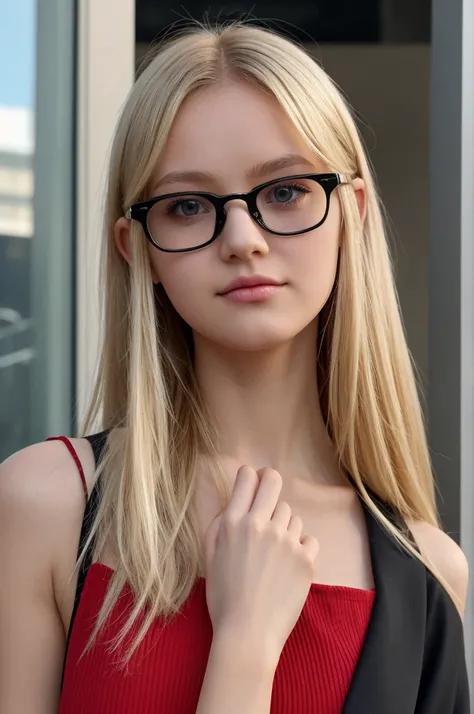 A girl with blonde hair and brown eyes with black glasses on her head and a short red and black dress 