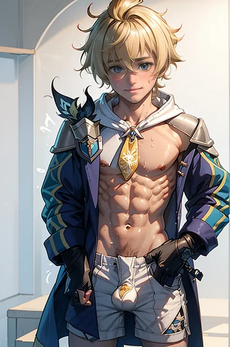 (masterpiece), (best quality), (ultra detailed),(disheveled hair),(illustration), (1boy), short blond hair,  blushing, shy smile, (12 yo, chiseled abs, sweating, shirtless, fox ear) erect penis