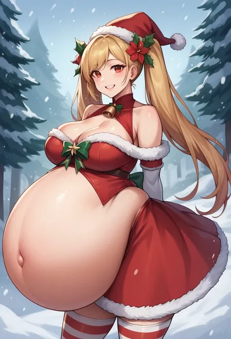 (masterpiece, best quality:1.2), christmas, snowing, solo, 1girl, hildaholiday, smiling, looking at viewer, twintails, hair flower, hat, fur trim, red dress, clothing cutout, fur-trimmed sleeves, white gloves, striped thighhighs, cleavage, outdoors, cowboy...