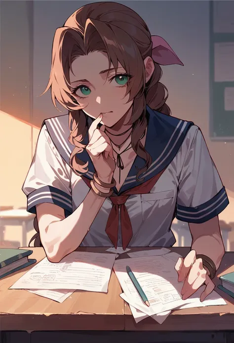 aerith in a sailor uniform studying at a desk in the classroom、front view