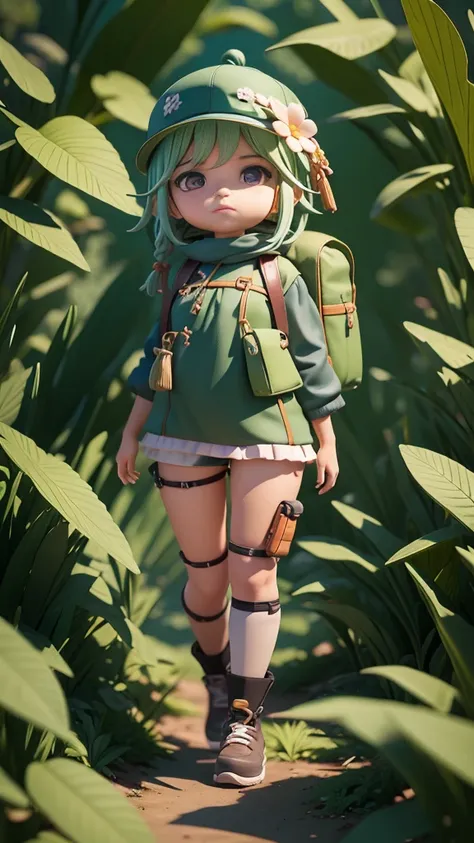 there is a poster of a cartoon character wearing a hat and a backpack., female explorer mini cute girl, walking in a wilderness,...