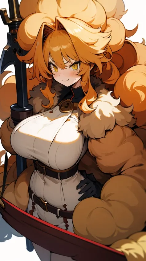 Anime, 1 girl, dijon-colored hair, huge fluffy hairstyle, lemon colored eyes, angry face, angry smile, busty, gorgeous plump body, burnt-umber colored coat, fluffy coat, tight red bustier, Hunter belt, fluffy mini shorts, plump tighs, fluffy boots, large t...