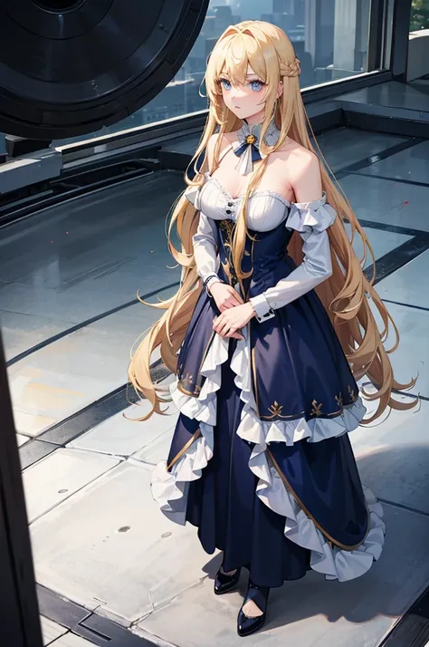 1woman, long hair, blonde hair, blue eyes, formal dress, standing on ground, high res, ultra sharp, 8K, masterpiece