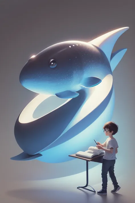 A boy sitting on a whale，Holding a notebook, Space Background，2d illustration,  Clean and concise illustrations, simple cartoon style, Animation illustration style, john egbert, 2D digital illustration, Simple illustration