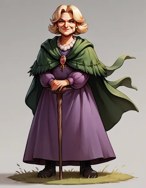 solo,upperbody,close up face, agathapokemonxl,purple dress, black boots,elderly, old, old woman,cloak, cane, blonde hair, elderl...