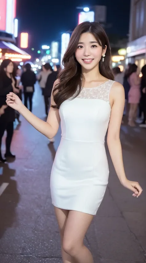 (((Yumikanok))),((Best quality, 8k, Masterpiece :1.3)), 1girl, smiling, full body, slim face, Pretty woman, (Dark brown hair), full white length dress :1.1, Ultra-detailed face, Detailed eyes, Double eyelid,  bokeh background, slim face, night city, neon l...