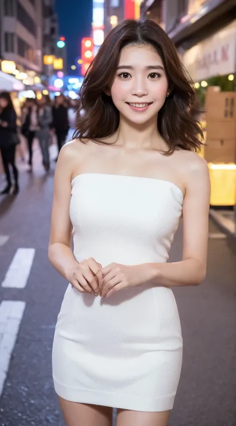 (((Yumikanok))),((Best quality, 8k, Masterpiece :1.3)), 1girl, smiling, full body, slim face, Pretty woman, (Dark brown hair), full white length dress :1.1, Ultra-detailed face, Detailed eyes, Double eyelid,  bokeh background, slim face, night city, neon l...