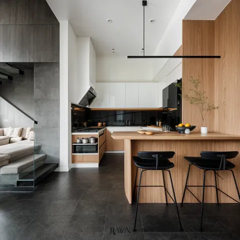 RAW photo, 8k uhd, dslr, soft lighting, high quality, film grain, Fujifilm XT3, interior of kitchen, modern style, black wood, black tile, sofa, table, chair, stair, tree, daylight, 