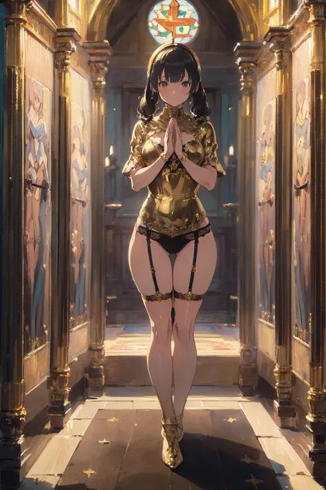 (masterpiece:1.8),(Highest quality:1.8),(Very detailed:1.8),(8K:1.8),(Ultra-fine Illustration:1.5),,,Straight low twintail,Flat Chest,Small Ass,(Luxury metallic gold,,lingerie:1.4),(Prayer Pose:1.5),Vintage sofa,,(Full body angle), Stained glass,