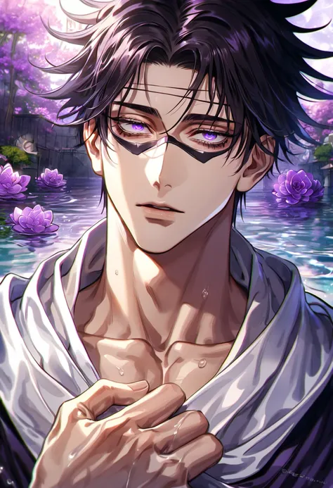 absurdres, highres, ultra detailed, HDR, masterpiece, best quality, Choso, black hair, expressive purple eyes, Jujutsu Kaisen, solo, sexy man, handsome, white and black robes, fantasy, water, purple moon, purple blossoms, purple flowers, fantasy