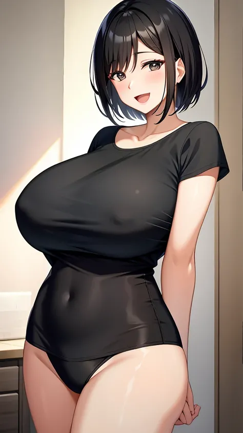 A 40 year old mature woman、Her short black hair fluttering、Smiling and opening mouth。she、Wearing a short sleeve shirt and a string bikini、Emphasizing her huge breasts。Her skin is glowing、The whole body is painted。she、Put your arms behind your back、Standing...