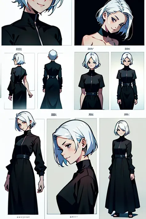 girl with short white hair small and really skinny, feeling extremely sick, smiling and talking, wearing long black dress, manga...