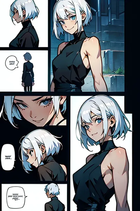 Girl with short white hair small and really skinny, feeling extremely sick, smiling and talking, wearing long black dress, manga page with panels and dialogue    