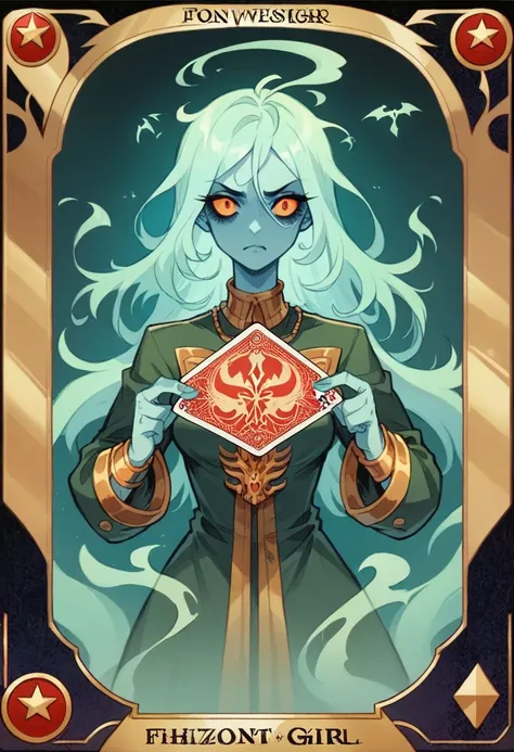 Wizard Ghost Blonde girl,  of darkness, full of powers, strong and imposing, war scene illustration, centred image, a single image on a single card, with silver and gold borde