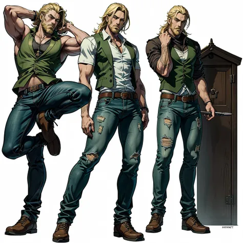 character ANIME man, FULL BODY, standing, STRONG, long blonde hair, ((design sketches)), (masterpiece), extremely detailed, (original design reserved), (random poses), LEADER, (unique accessories), (clothing, green vest, jeans), (bearded face) professional...