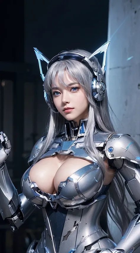 ((Intense action pose:1.6))、((Shining lenses on both breasts:1.3))、((Blue pillars of light are emanating from both chests.:1.3))、smile、((8K)), ((32k)), ((Highest quality)), ((masterpiece)), ((超A high resolution)), ((Tmasterpiece)), ((Halation:1.4))、((Mecha...