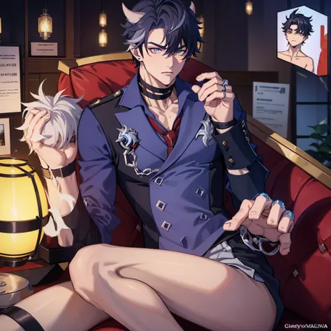 a man in a tie is sitting on a couch, sigma male, koda kazuma, marton gyula kiss ( kimagu ), zhongli from genshin impact, tsurumaki kazuya, bara, tony taka, clothed!! lucien levy - dhurmer, fit male demon with white horns, sigma from overwatch