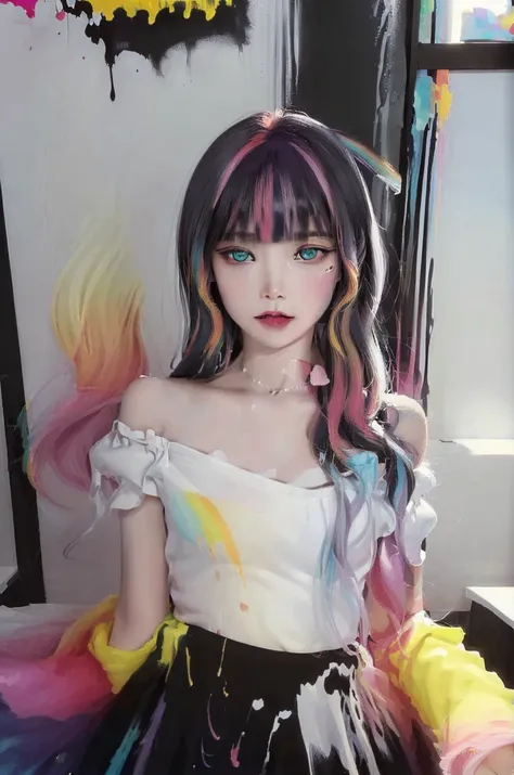 （Pink Fashion T-shirt：1.9），(Colorful hair: 1.8), (all the colours of the rainbow: 1.8),(((((vertical painting：1.6))), （painting：1.6），front, comics, illustrations, paintings, large eyes, crystal clear eyes,（ rainbow color gradient high ponytail：1.7）, exquis...