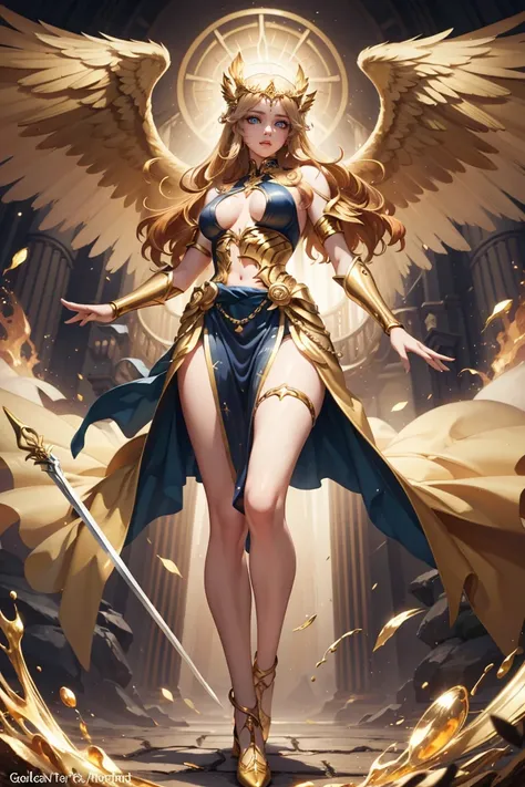 goddess of angels golden swordsman with wings, blondie hair, perfect hands, golden shine, fictional figure body hands on waist, sexy movement pose, swords around the body