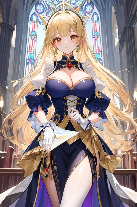 masterpiece，8K，A woman with big tits，Gorgeous woman，transparent，Long blond hair，big hair，((hime cut))，Gorgeous jewelry，Crystal Hair Accessories，Cleavage，pubic，In front of the altar of the majestic church、（Blurred background）、Brighter light，(Elegant gloss）、...