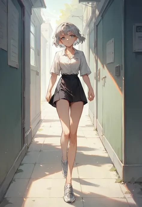 (girl,Silver Hair,Short wavy hairstyle,Grey Eyes,Medium Chest,Medium thighs)White shirt,Black short skirt,A woman walking down a school corridor,