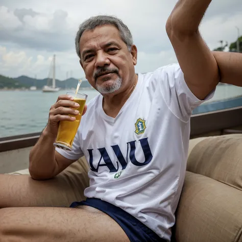 Make an image of the president of Brazil Luiz Innacio Lula da Silva, drinking cachaça and wearing the Vasco da Gama regatta club shirt.