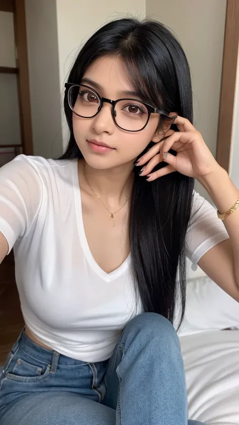 Indian girl, black hair, black eyes, around thin eyeglasses