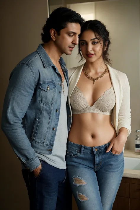 (((1boy 1girl couple)),close up photo of naked kiara with hrithik roshan, curvy, hourglass figure, swooping breasts, seductive e...