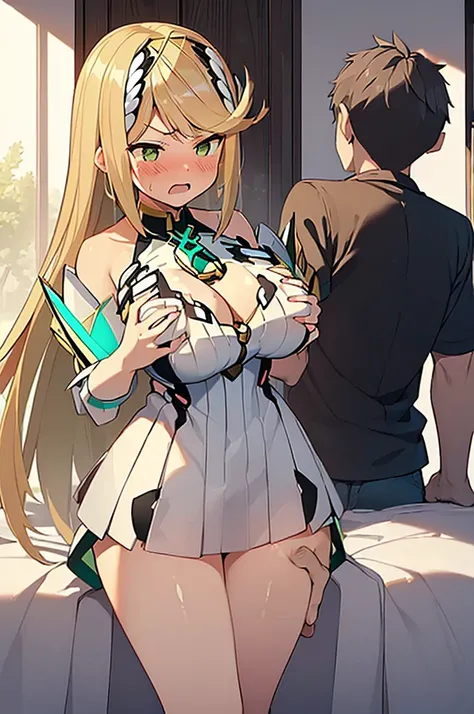 (Masterpiece, Top quality: 1.5), nsfw, sitting on bed, (1boy and 1girl :1.3), (Mythra :1.3),(breast grab from behind:1.3), a boy is with black hair , (large breasts:1.3), (cleavage:1.2), standard weight, Blonde Hair, 16 year old, angry, (flustered:1.3), op...