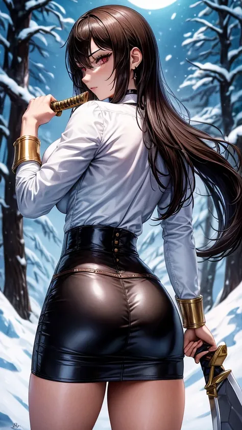 1 Women, Women, fighting pose, High school girl swordsman, holds a katana in his right hand, long black hair, beautiful eyes, detailed eyes, choker:1.6, captivating look, wearing a white long-sleeved button-down shirt, belt、leather　Brown　corset　chain, gold...