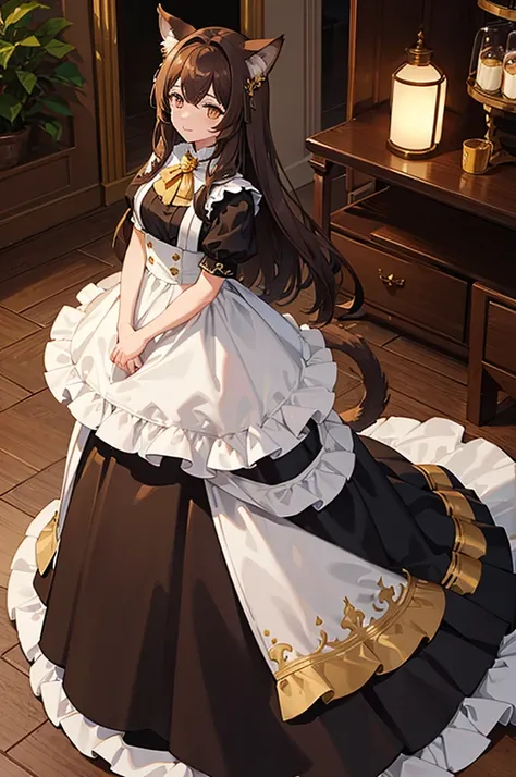 1 woman, brown hair, gold eyes, wolf ears, wolf tail, maid dress, standing on ground, high res, ultra sharp, 8K, masterpiece