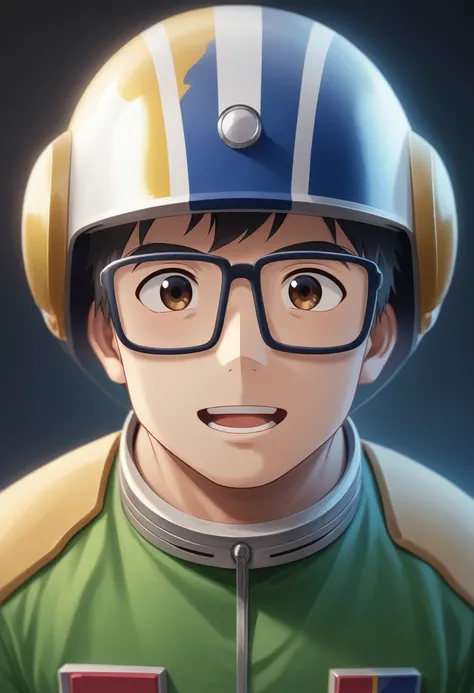 There is a little doll with helmet and helmet, Cute 3D rendering, pequeno astronauta olhando para cima, large black plastic glasses, full sleeve tattoos on the arms, portrait anime space cadet boy, cute 3d anime boy rendering, arte digital detalhada bonito...