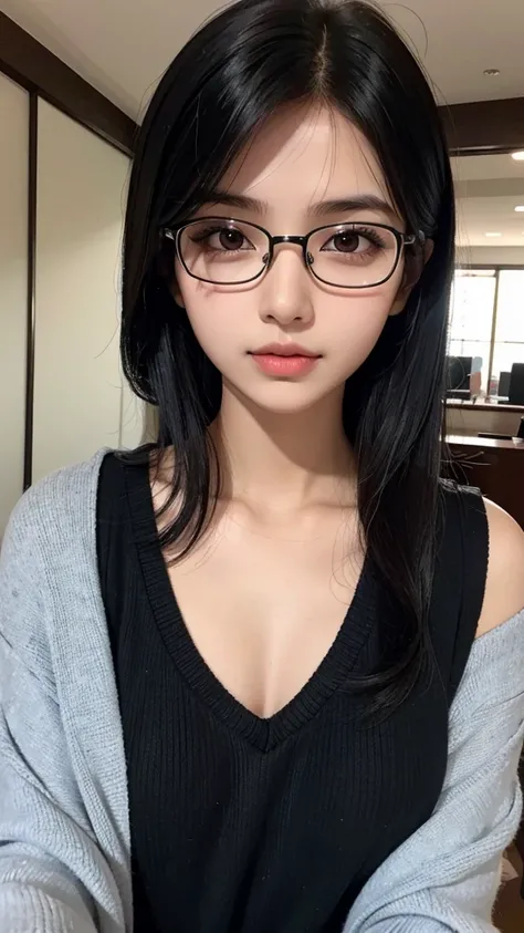 Indian girl, black hair, black eyes, around thin eyeglasses