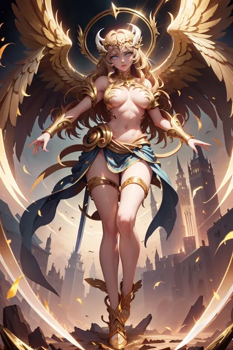 goddess of angels golden swordsman with wings, blondie hair, perfect hands, golden shine, fictional figure body hands on waist, sexy movement pose, swords around the body