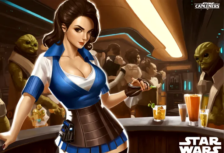 A cute woman in a sci fi waitress outfit (deep neckline, mini skirt, safe for work) is working at a Star Wars cantina serving drinks to wild and rowdy aliens.
