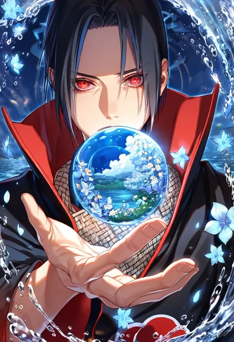 Ultra detailed, highres, absurdres, HDR, master piece, Uchiha Itachi, black hair, expressive red eyes (sharingan), Akatsuki black tunic, Naruto Shippuden), blue petals, sexy man, solo, best quality, blue blossoms, blue shining fireflies, fantasy, magical, ...