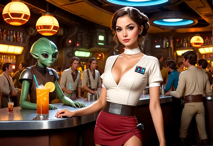 A cute woman in a sci fi waitress outfit (deep neckline, mini skirt, safe for work) is working at a Star Wars cantina serving drinks to wild and rowdy aliens.
