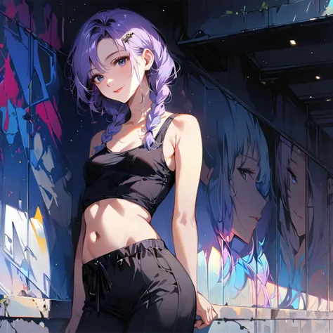 a masterpiece, beautiful eyes, a beautiful face, beautiful depiction, details, solid blue Skyscrapers background, ultra detailed, 8K, pale-purple hair, a dynamic angle,(Cute a girl:1.5), (a girl with closs hair pin,pale purple hair,wavy two braids,bluntban...