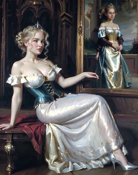 ((Best quality)), ((Masterpiece)), (detailed), Classic Oil Painting, Middle Ages, palace background, 1girl, alone, 26 year old, Scandinavian woman, Princess, Golden hair, bun-like hair style, bright blue eyes, pale skin, large breasts, tight blue dress, co...