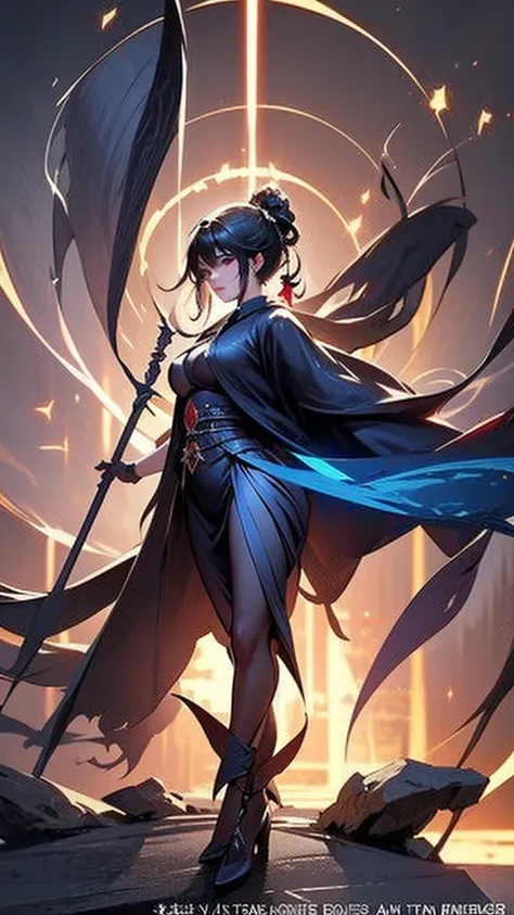 Holding a sickle、Close-up of a woman standing on a scythe, Jan J, Kschaert Krentz Key Art Feminine, Dark Sorceress Full View, Written by Ku Lei Lei, by Zhou Chen, Dark magician full body pose, Jan Jin, by Han Gan, Magnificent and elaborate character art, b...