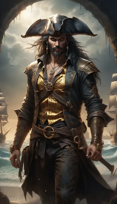 ineathered skin pirate, tilted tricorn hat inith turned-up brim, eye patch、sunburned skin, black beard, gold hoop earrings, gold...