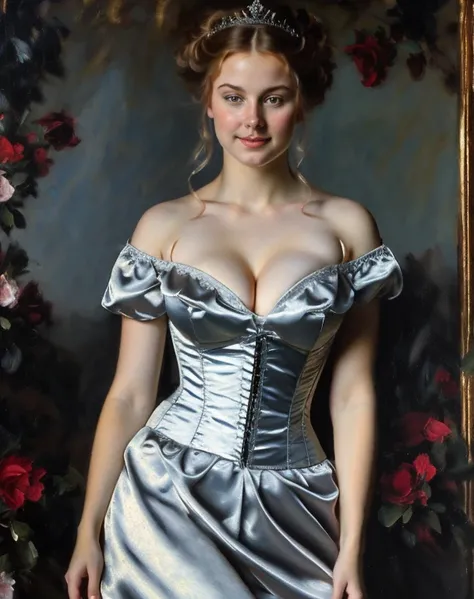 ((Best quality)), ((Masterpiece)), (detailed), Classic Oil Painting, Middle Ages, palace background, 1girl, alone, 26 year old, Scandinavian woman, Princess, Golden hair, bun-like hair style, bright blue eyes, pale skin, large breasts, tight blue dress, co...