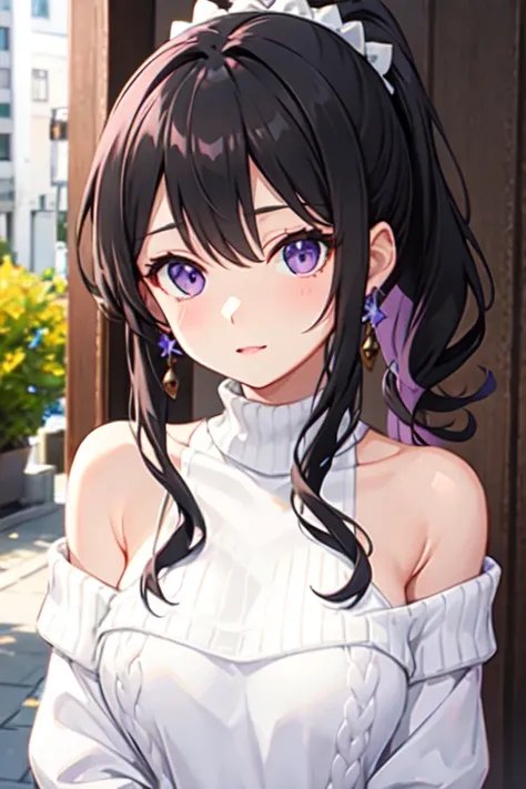 White off-the-shoulder sweater、Black Ponytail、Purple Eyes